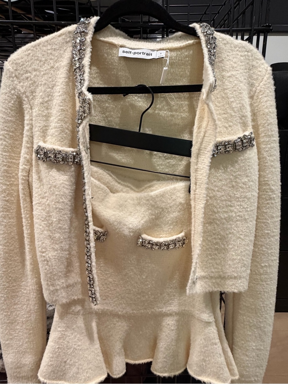 Self-Portrait Cream Bouclé Cropped Jacket with Jeweled Trim